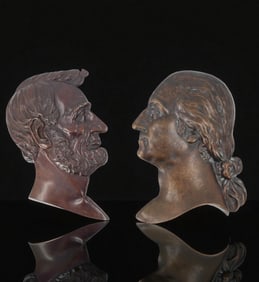 Pair Of Bronze Wall Plaques Possible 19th C Unsigned Abe Lincoln And George Washington Bust