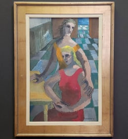 Barbara A. Hult Lekberg 1925-2018 Oil On Board Painting "TWO WOMEN" Signed Lekberg 45.
