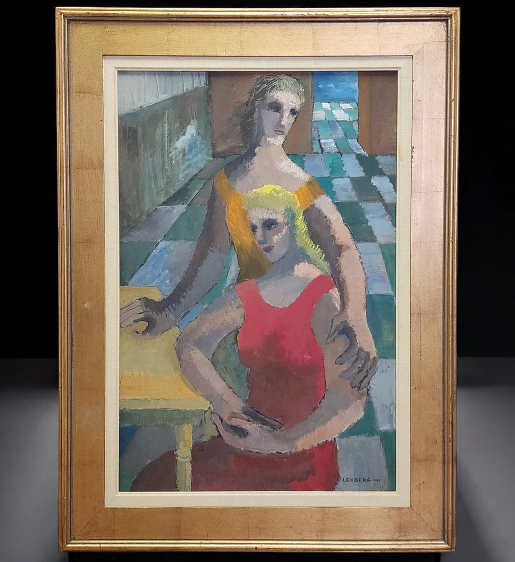Barbara A. Hult Lekberg 1925-2018 Oil On Board Painting "TWO WOMEN" Signed Lekberg 45. (1 of 12)