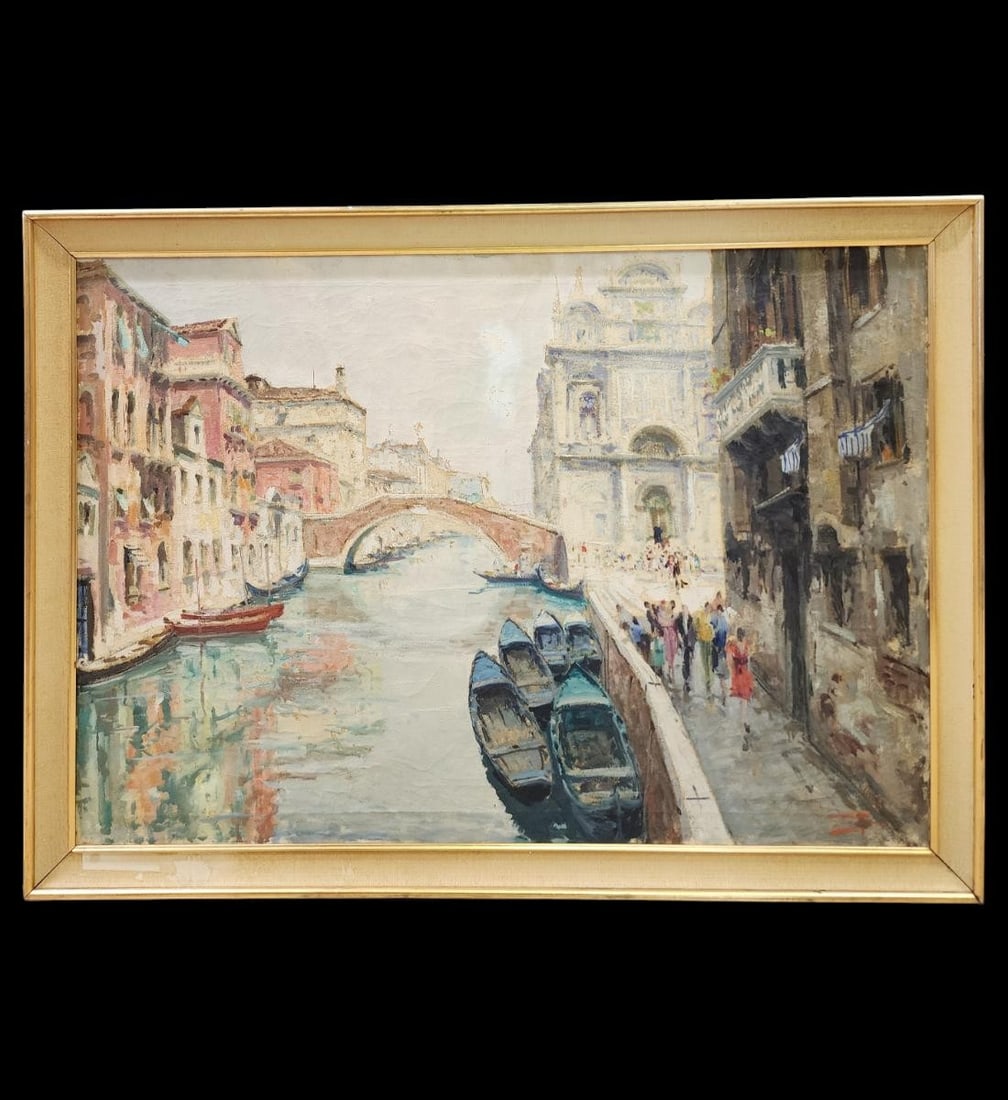 Italian Luigi Pagan 1907-1980 oil On Canvas Painting Signed Lower Right Venice Canal: Italian Luigi Pagan 1907-1980 oil On Canvas Painting Signed Lower Right Venice Canal. Frame Measure 31.5" X 43", Sight 27" X 39". Provenance: Single Florida Estate. Please copy and paste t