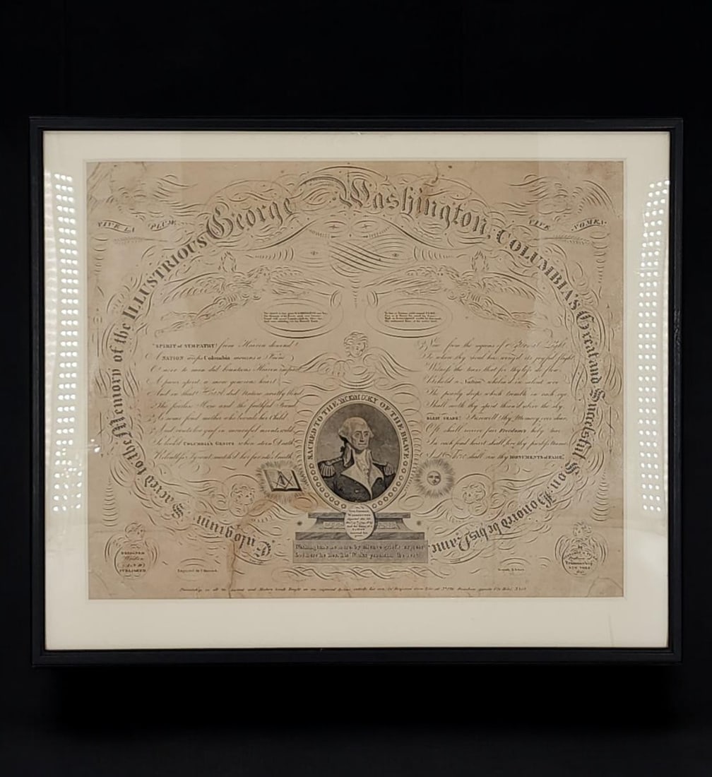 Benjamin Owen Tyler 1789-1855 Engraving "EULOGIUM SACRED" Memory Of George Washington 1817: HISTORICAL PIECE-Peter Maverick 1780-1831 And Benjamin Owen Tyler 1789-1855 Engraving "EULOGIUM SACRED" Memory Of George Washington 1817. Frame Measure 31.5" X 43", Sight 27" X 39". Provenance: Single