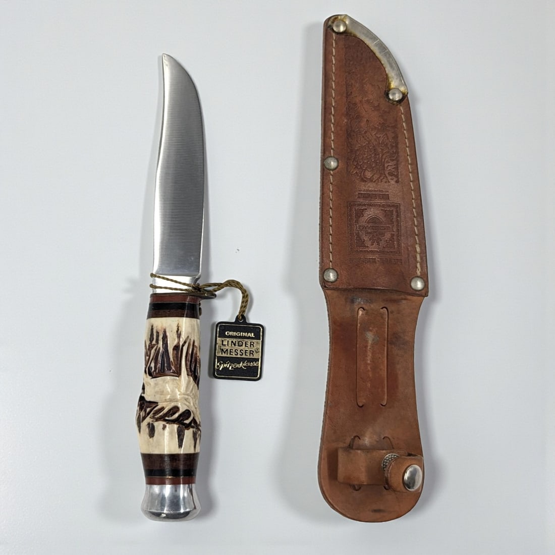 Vintage German Linder Messer Solingen Bowie Knife With Carved Horn Handle And Leather Sheathe (1 of 11)