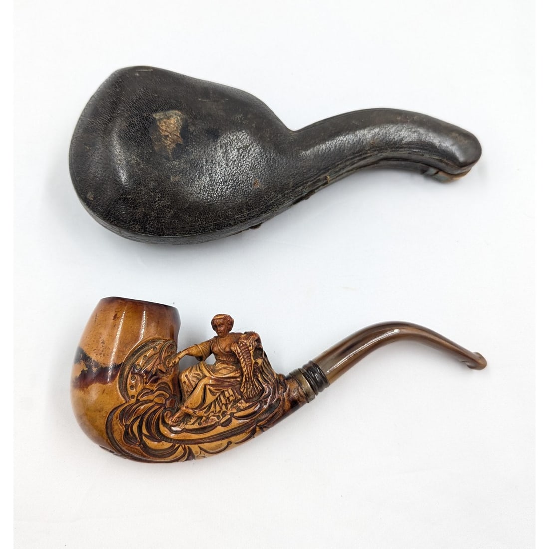 An Antique Carved Meerschaum Pipe Depicting A Seated Woman With Case (1 of 12)