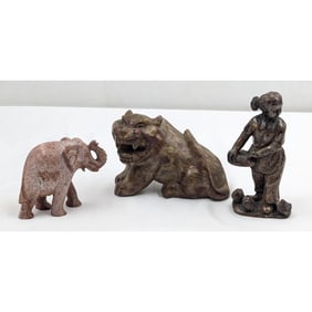 Lot Of 3 Chinese Carved Soapstone Sculptures, One Cultural Revolution Female Figure