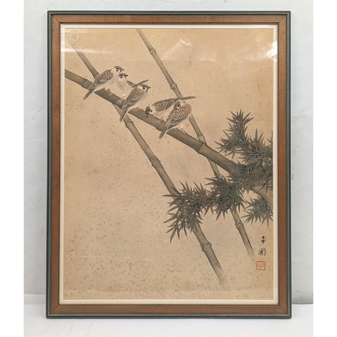 Framed Early Japanese Woodblock Print Depicting Five Sparrows With Seal Mark And Signature (1 of 7)