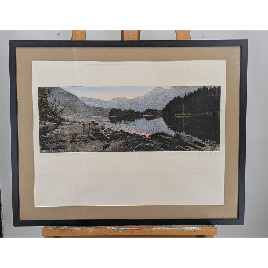 Pencil Signed And Dated George Raab Limited Ed. 21/50 Colored Etching, "Some Distant Shore", 1989: Pencil Signed And Dated George Raab Limited Ed. 21/50 Colored Etching, "Some Distant Shore", 1989. Measures approx. 23 1/2" X 30", Sight measures approx. 18 1/2" X 24 1/2". Please copy