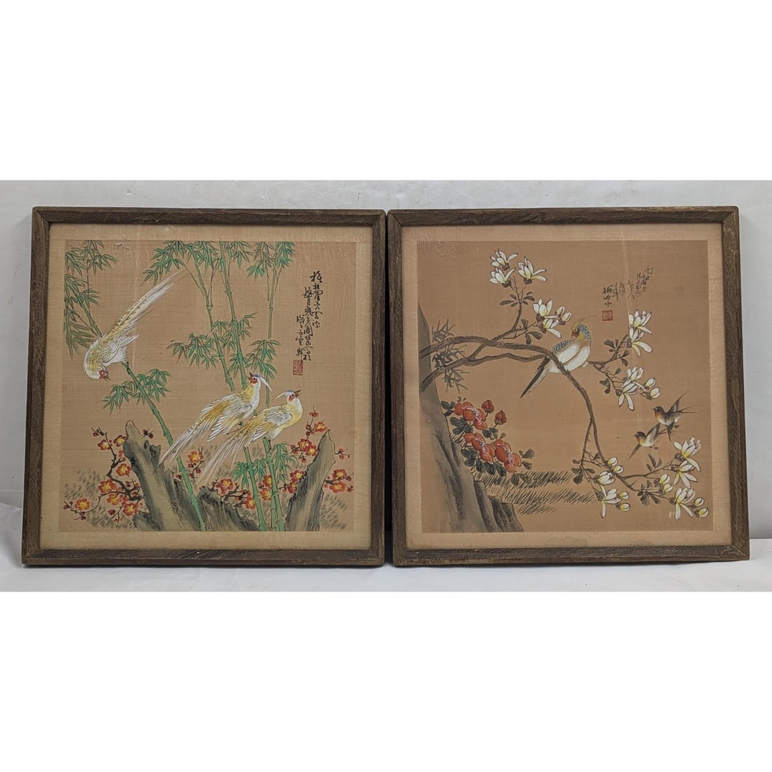 Pair Of Antique Oriental Silk Bird Paintings, Each With Signatures And Seal Marks, Circa 1900: Pair Of Antique Oriental Silk Bird Paintings, Each With Signatures And Seal Marks, Circa 1900. Measures approx. 14 1/2" X 14 1/2" each. Please copy and paste the URL link below to revi
