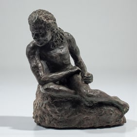 A Vintage Pottery Classical Style Sculpture Of A Nude Male, Painted To Look Like Weathered Bronze