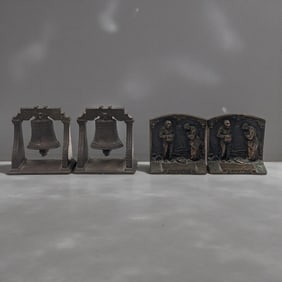 Two Pairs Of Vintage Cast Bronze Bookends, Liberty Bell Bookends And "The Angelus" Bookends