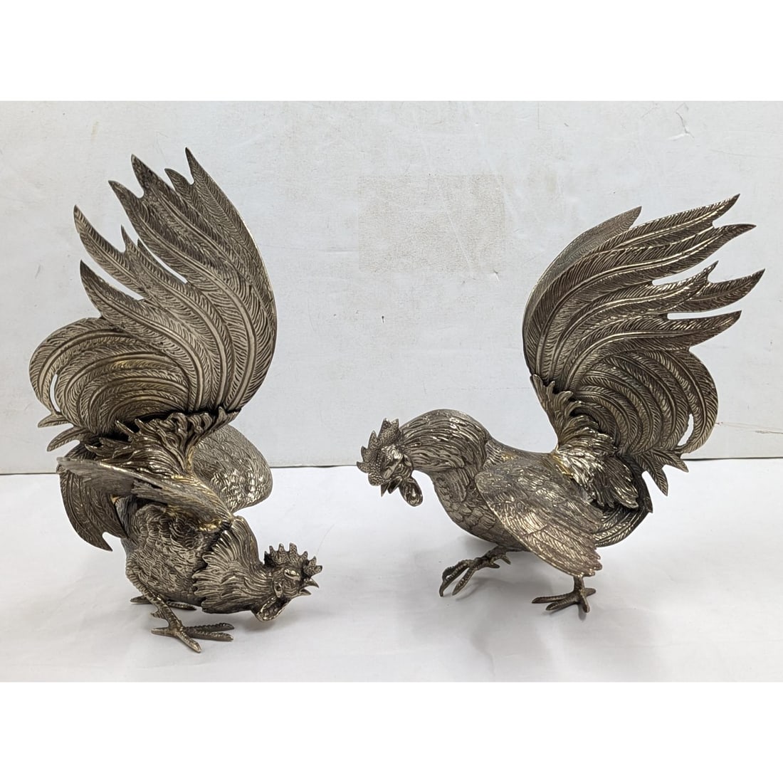 Pair Of Mid-Century Modern Silver Fighting Roosters, Possibly Silver-Plated (1 of 19)