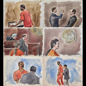 Set Of 6 Watercolor Courtroom Scene Paintings By Barbara Maxwell, Vanbiber & Thomas