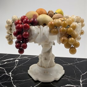 Large Mid-Century Art Deco Modern Italian Alabaster Centerpiece With Lucite / Marble Fruit And Nuts