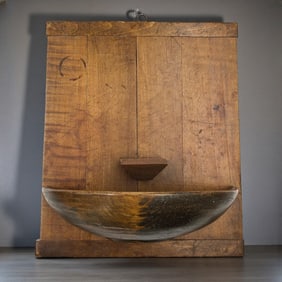 An Antique Rustic Pine Hanging Dough Board And Bowl