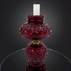 An Antique Ruby Red Glass Hurricane Oil Lamp