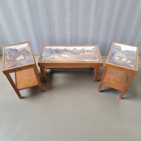 Vintage Hand Carved Coffee Table And 2 End Tables Signed HM