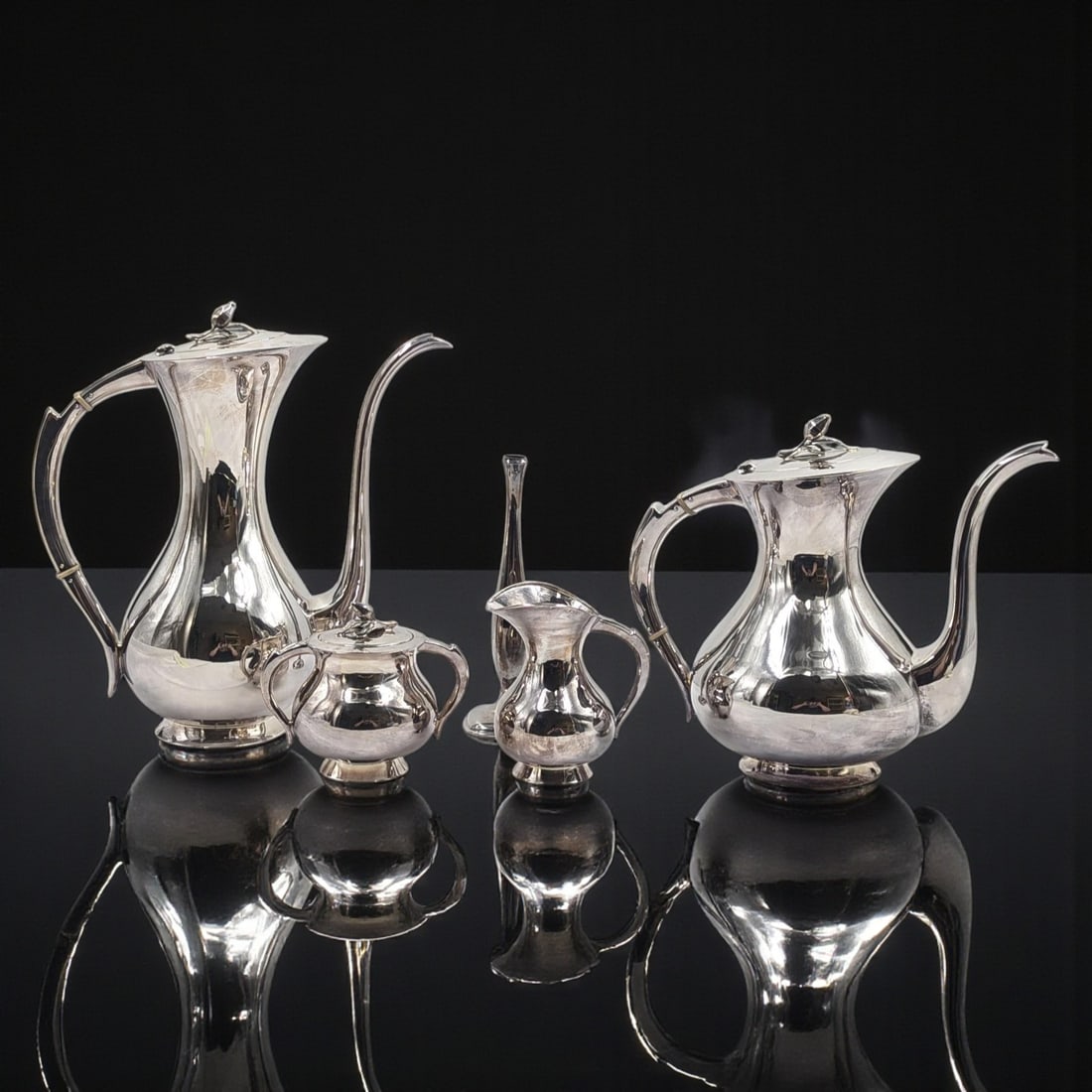 Mid-Century Modern 925 Sterling Silver 4-Piece Tea Set And A Silver-Plated Candlestick, 2065 Grams (1 of 18)
