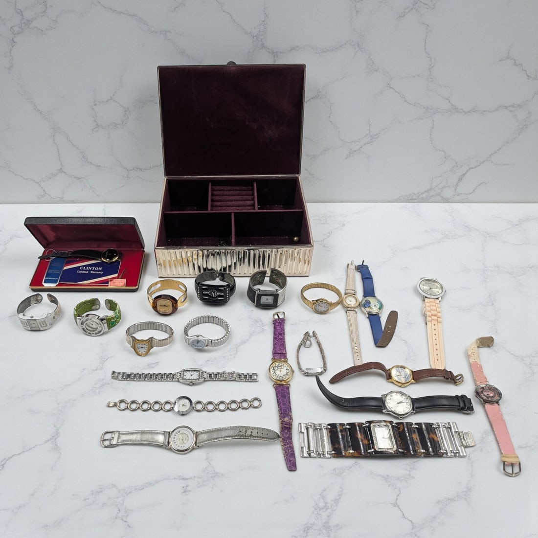 21-Piece Lot Of Vintage Wrist Watches, Appears Mostly Female, With Jewelry Box: *** DUE TO THIS LOT BEING WATCHES IT MUST BE PAID VIA BANK WIRE TRANSFER, ZELLE OR CERTIFIED CHECK.*** 21-Piece Lot Of Vintage Wrist Watches, Appears Mostly Female, With Jewelry Box. Includes a Chanel