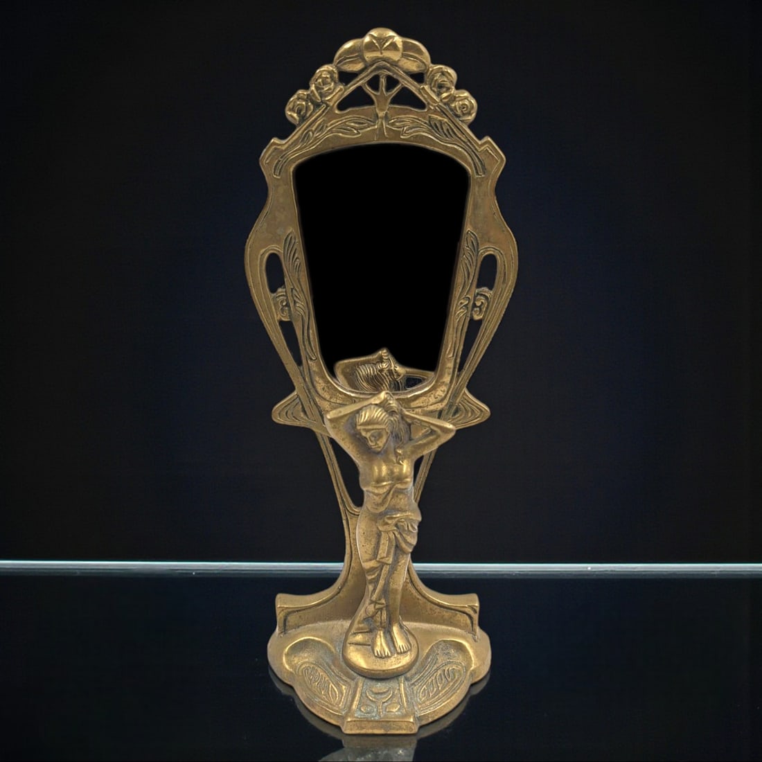 Beautiful Art Nouveau Solid Brass Tabletop Vanity Mirror With Maiden Base: Beautiful Art Nouveau Solid Brass Tabletop Vanity Mirror With Maiden Base. Measures approx. 3" X 4 1/4" X 11 1/2". Please copy and paste the URL link below to review our Terms and Conditio