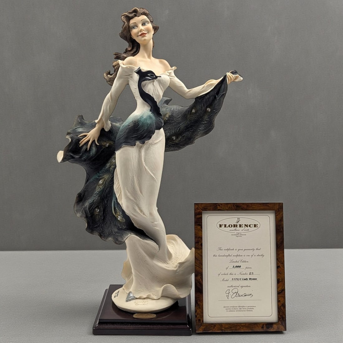 Giuseppe Armani Figurine: Limited Ed. 23/3000 "Lady Wynne" 1173C w/ COA And Original Box: Giuseppe Armani Figurine: Limited Ed. 23/3000 "Lady Wynne" 1173C w/ COA And Original Box. Measures approx. 14 1/2" X 22" X 11". Please copy and paste the URL link below to review our Terms