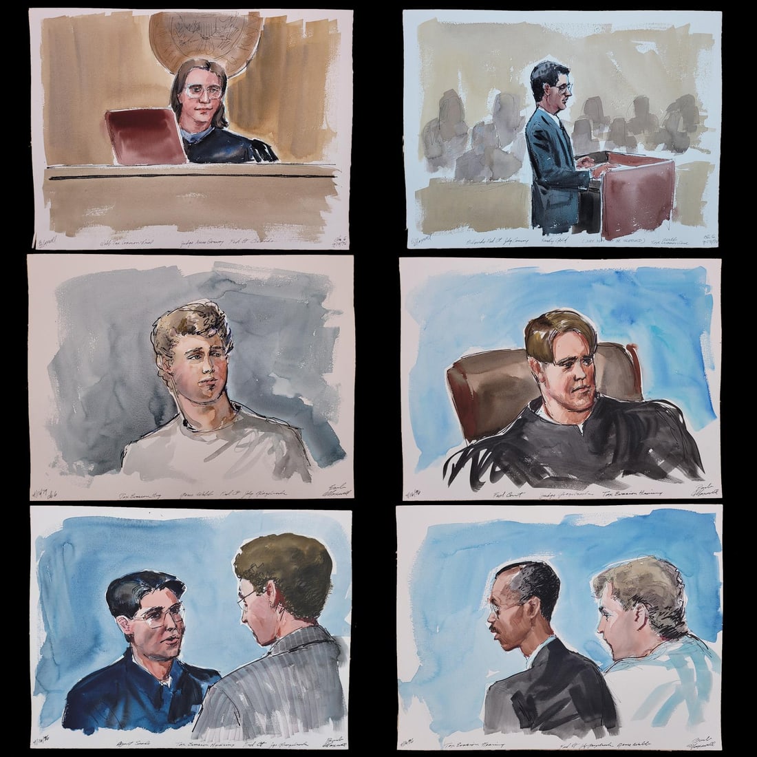 Set Of 6 Watercolor Courtroom Scene Paintings By Barbara Maxwell "Webb Tax Evasion Trial" (1 of 7)