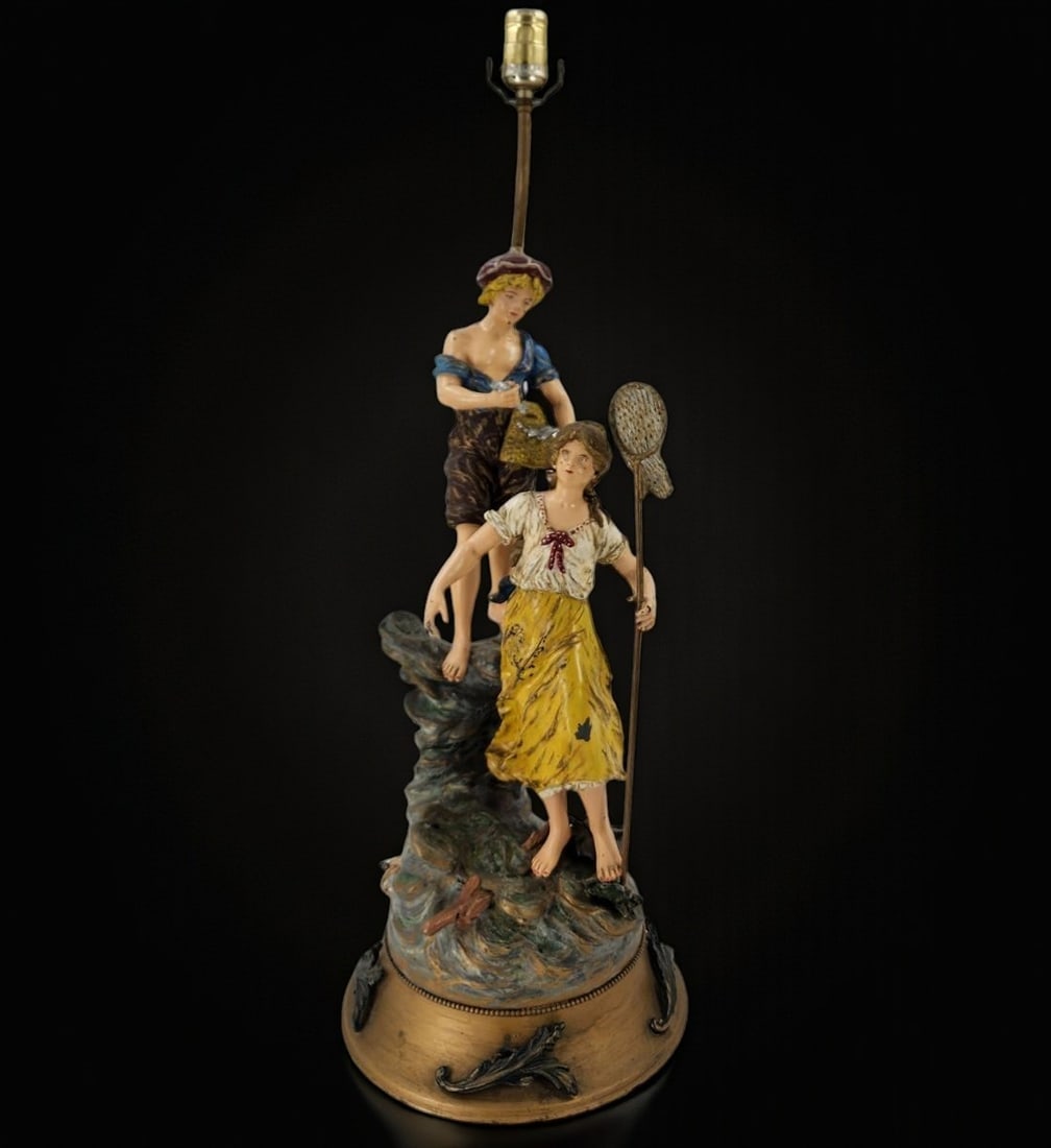 French-Signed L Moreau Painted Spelter Figural Lamp (1 of 14)