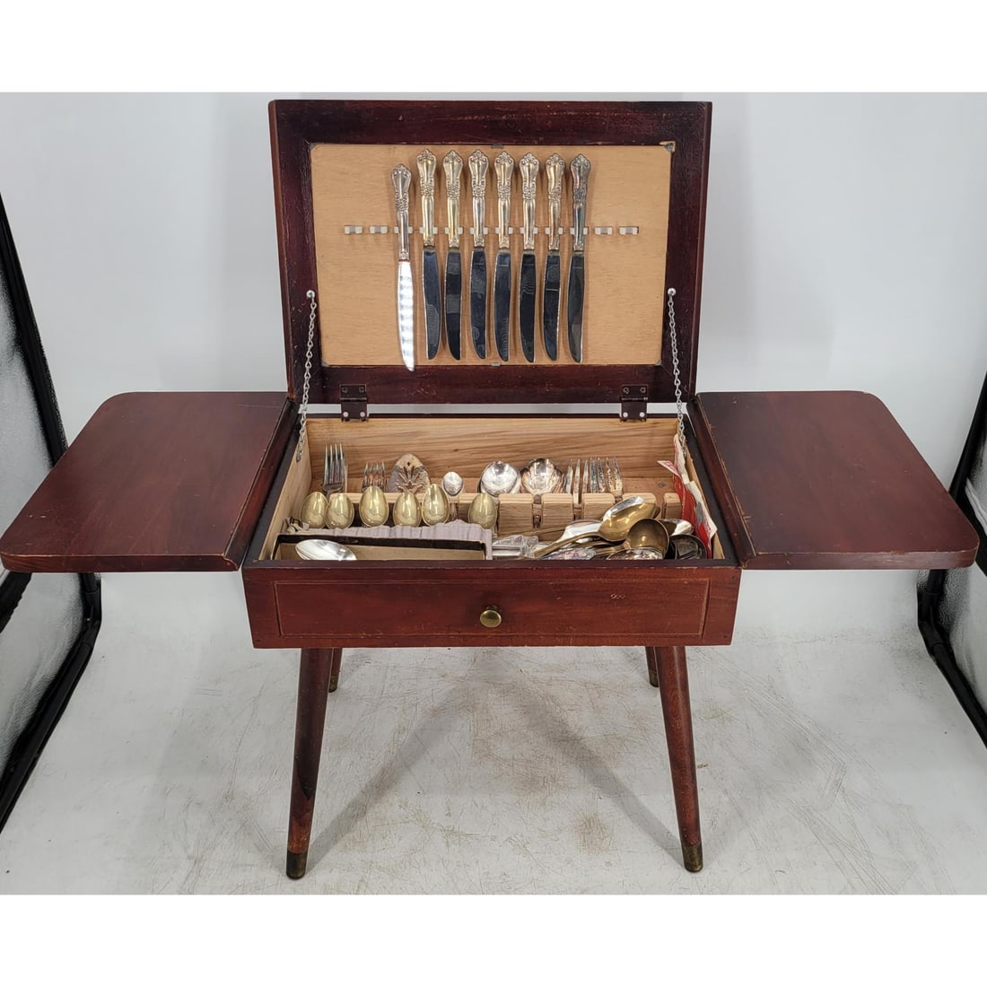 Antique Silver Plated Flatware And Drop Leaf Storage Table NEEDS REPAIR (1 of 8)