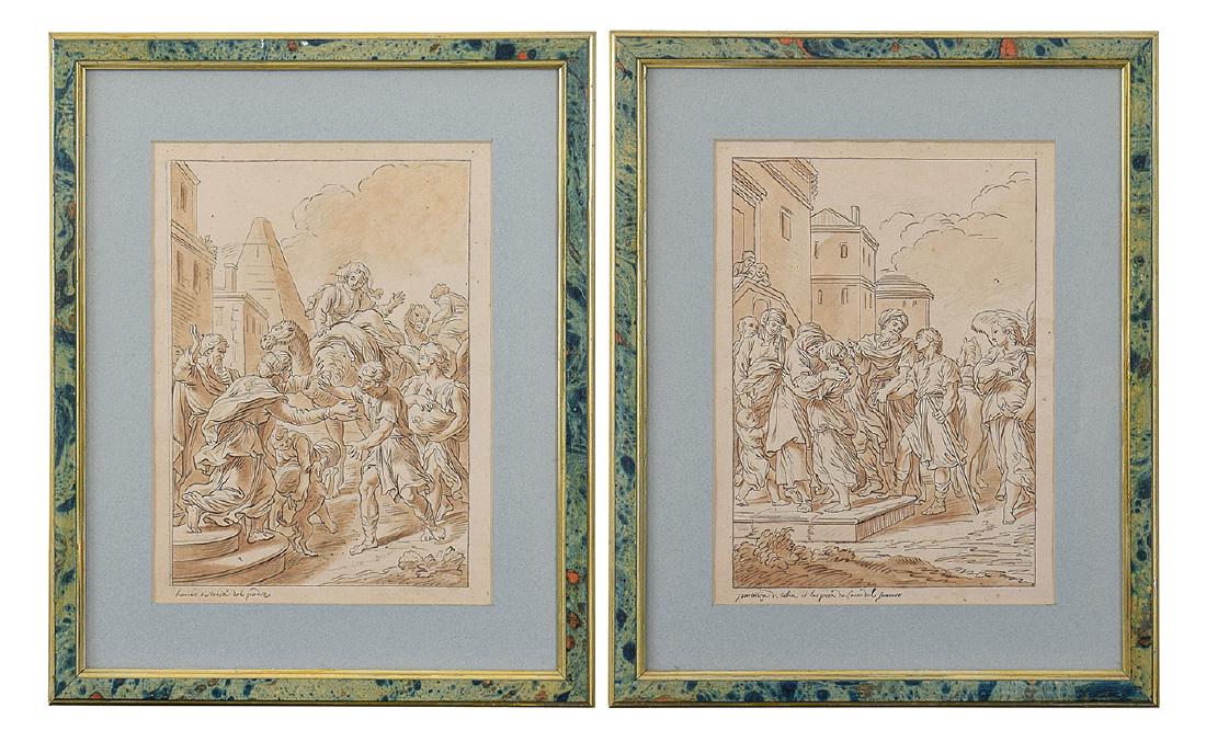 Roman artist in the circle of Felice Giani: Roman artist in the circle of Felice Giani Tobia and his wife leaving the father in law's home_x000D_ Tobia coming back home_x000D_ a pair of ink drawings on paper, 37by27cm.