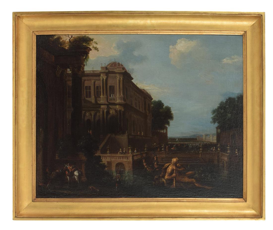 Isaac de Moucheron: Isaac de Moucheron A view of a villa with figures and water gardens_x000D_ a pair of oil on canvas, 67by74cm.