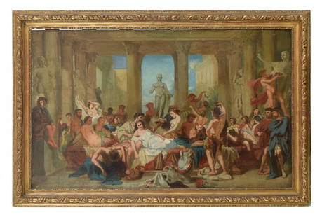 Thomas Couture (attr.): Thomas Couture (attr.) The Romans of the decadence_x000D_ oil on wood, 46by75cm._x000D_ The present lot could be the comp for the painting executed by Couture in 1847 and now in the Musée d'Orsay i