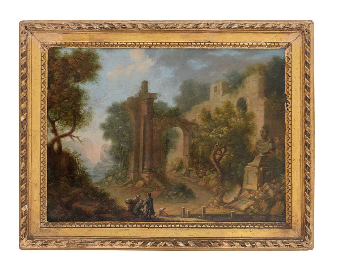 Isaac de Moucheron (attr.): River landscape with ruins and figures_x000D_ Countryside with ruins and figures_x000D_ a pair of oil on panel, 24by33cm.