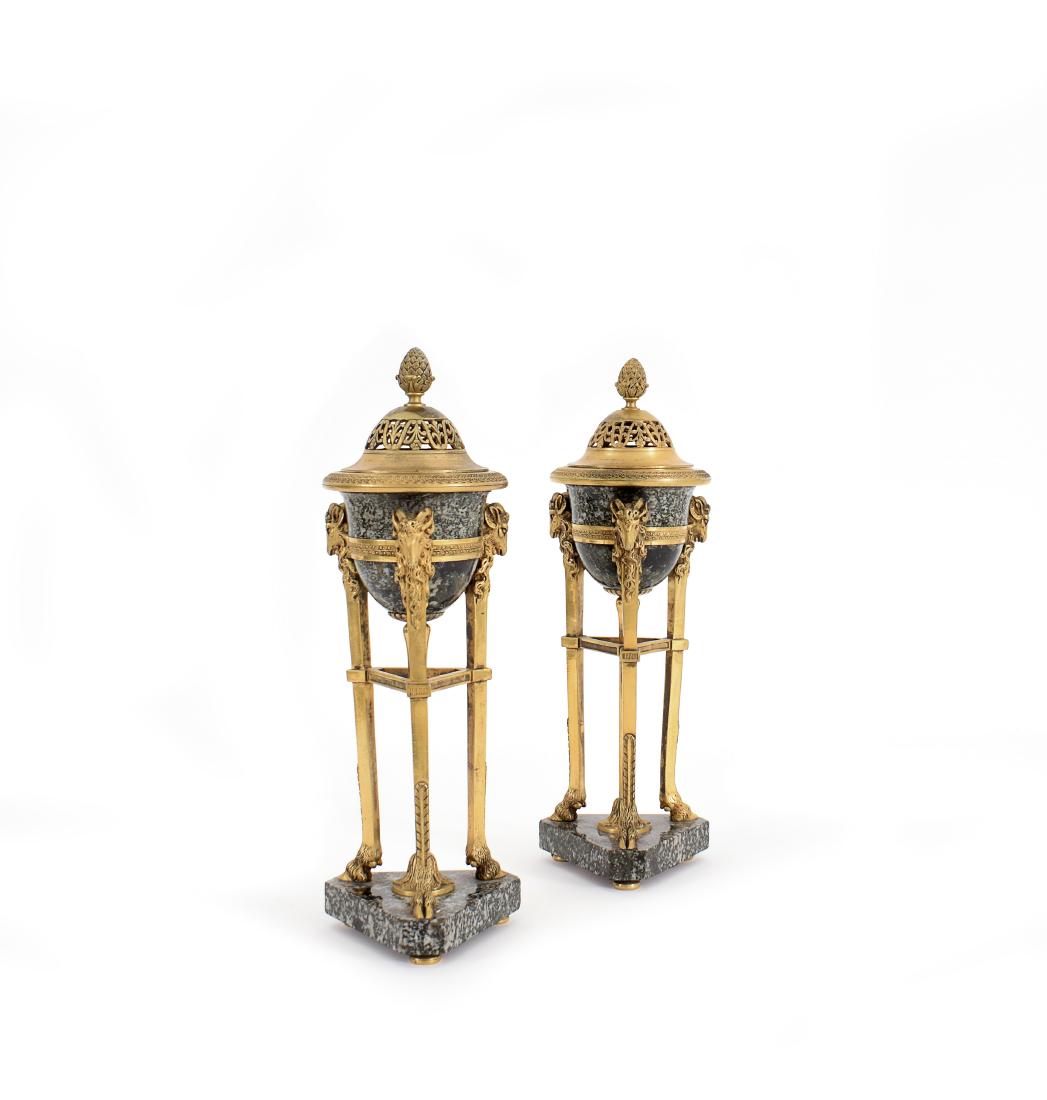 A pair of Roman granito and ormolu tripod incense: 30cm. high