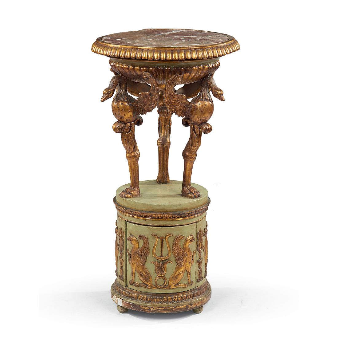 A Roman lacquered and gilt wood gueridon with marble: early 19th century, 97by52cm.