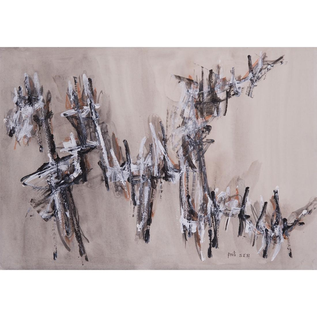 Achille Perilli: Untitled, 1957_x000D_ Tempera, crayons and pencil on paper, 35,2by49,8cm._x000D_ Signed and dated on lower right: Perilli 26.V.57