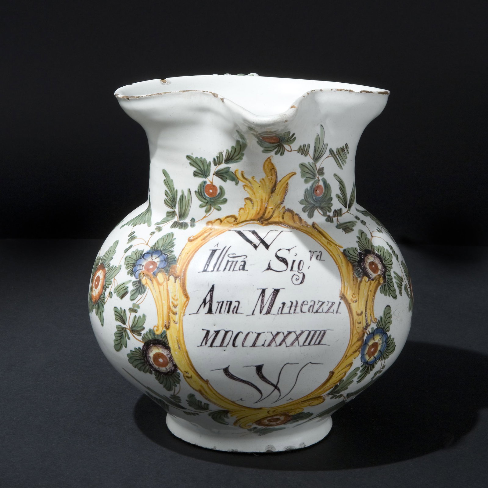 A white and polychrome maiolica ewer, Nove, 1784 (1 of 1)