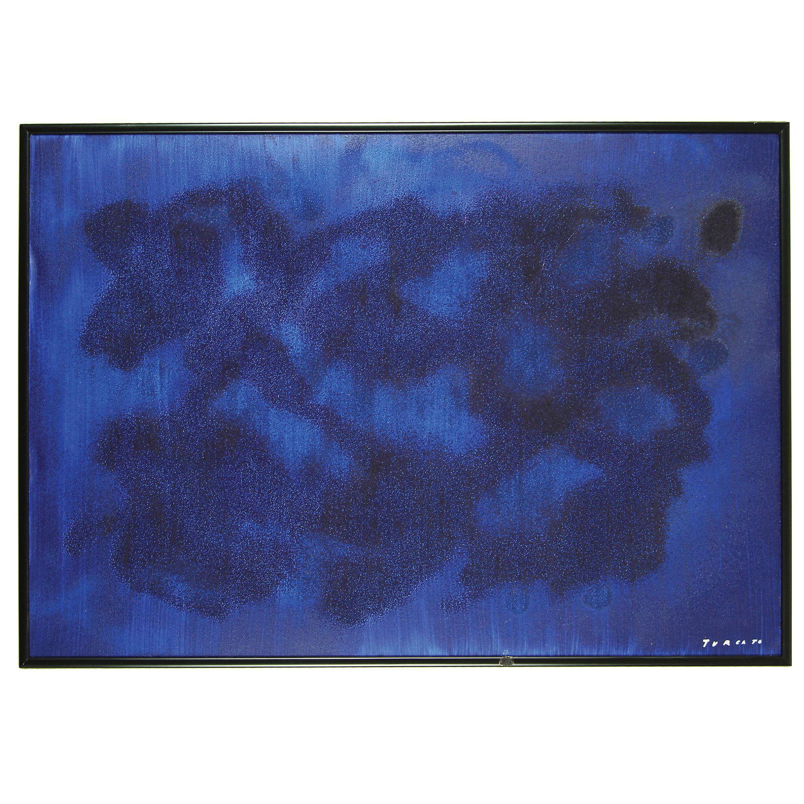 Giulio Turcato: Blue-purple iridescent, early 80s oil and mixed media on canvas, 70by100cm. signed on lower right: Turcato Authentication on photo by the Giulio Turcato archive