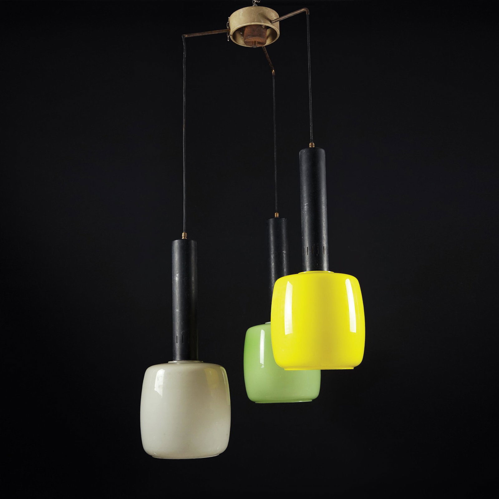 An Italian metal and glass suspension lamp, Stilnovo,: 114cm. maximum height