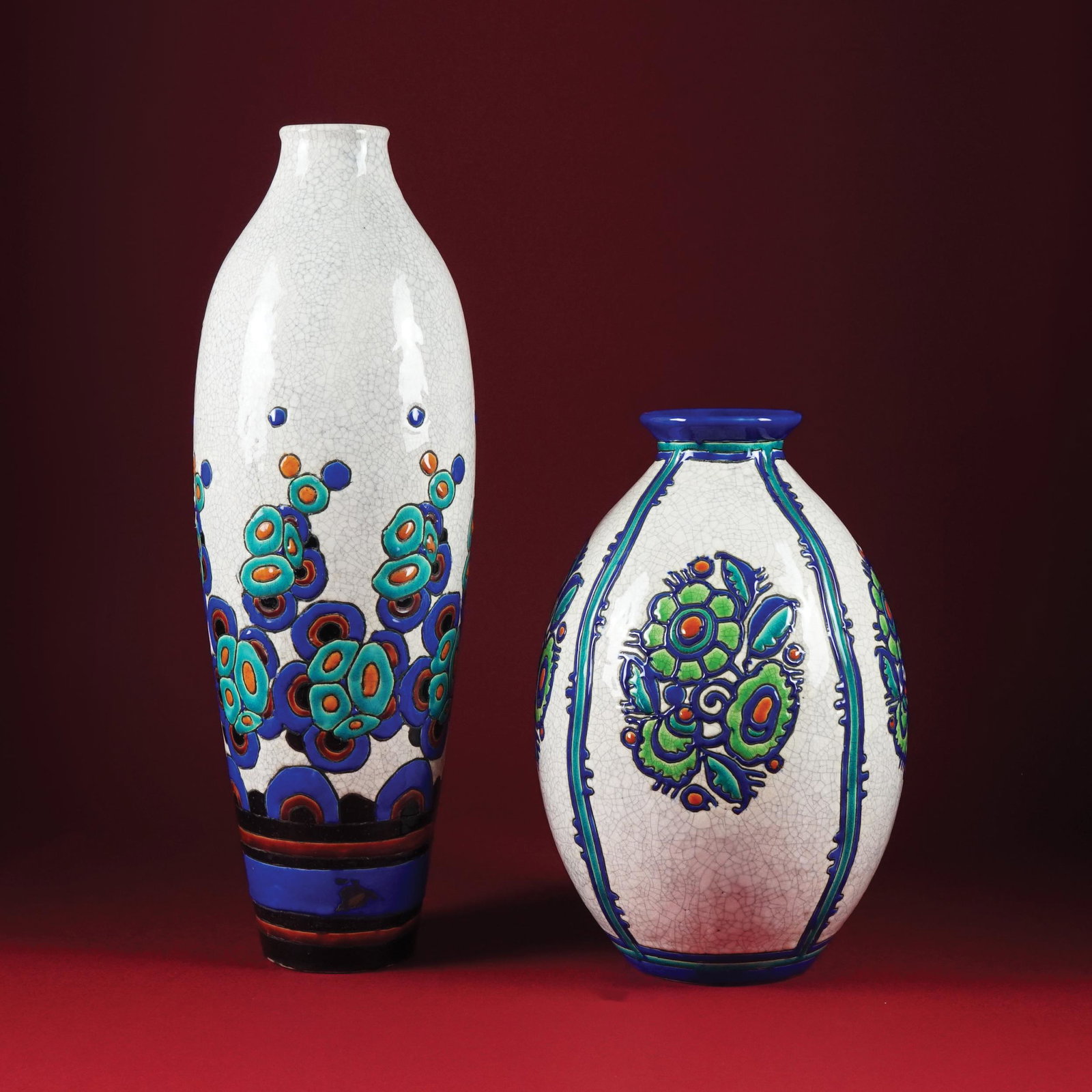 2 Belgian polychrome grÃ¨s vases, Boch FrÃ¨res: 31cm. and 47cm. high