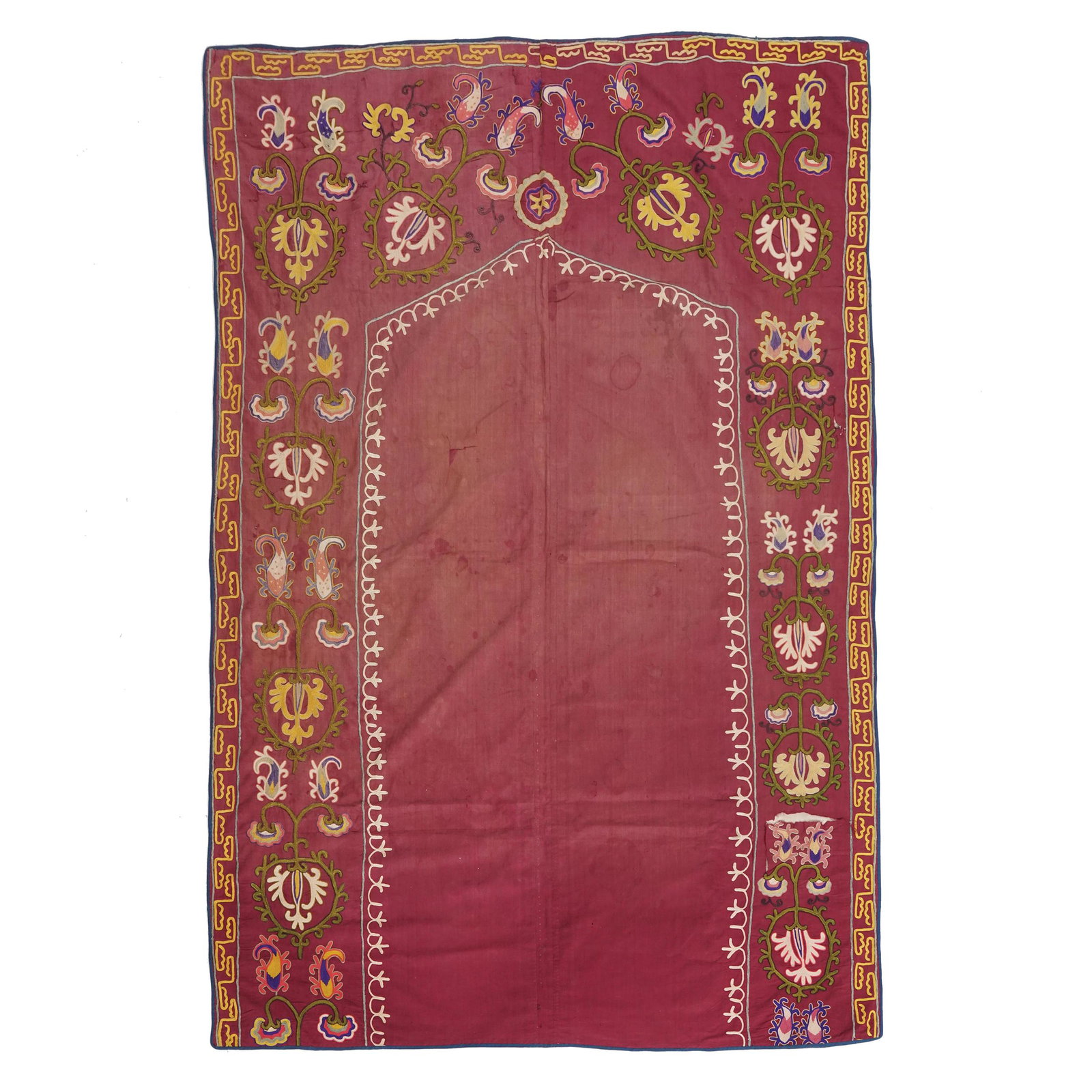 An Uzbek hand embroidered prayer drape, late 19th: 190by260cm.