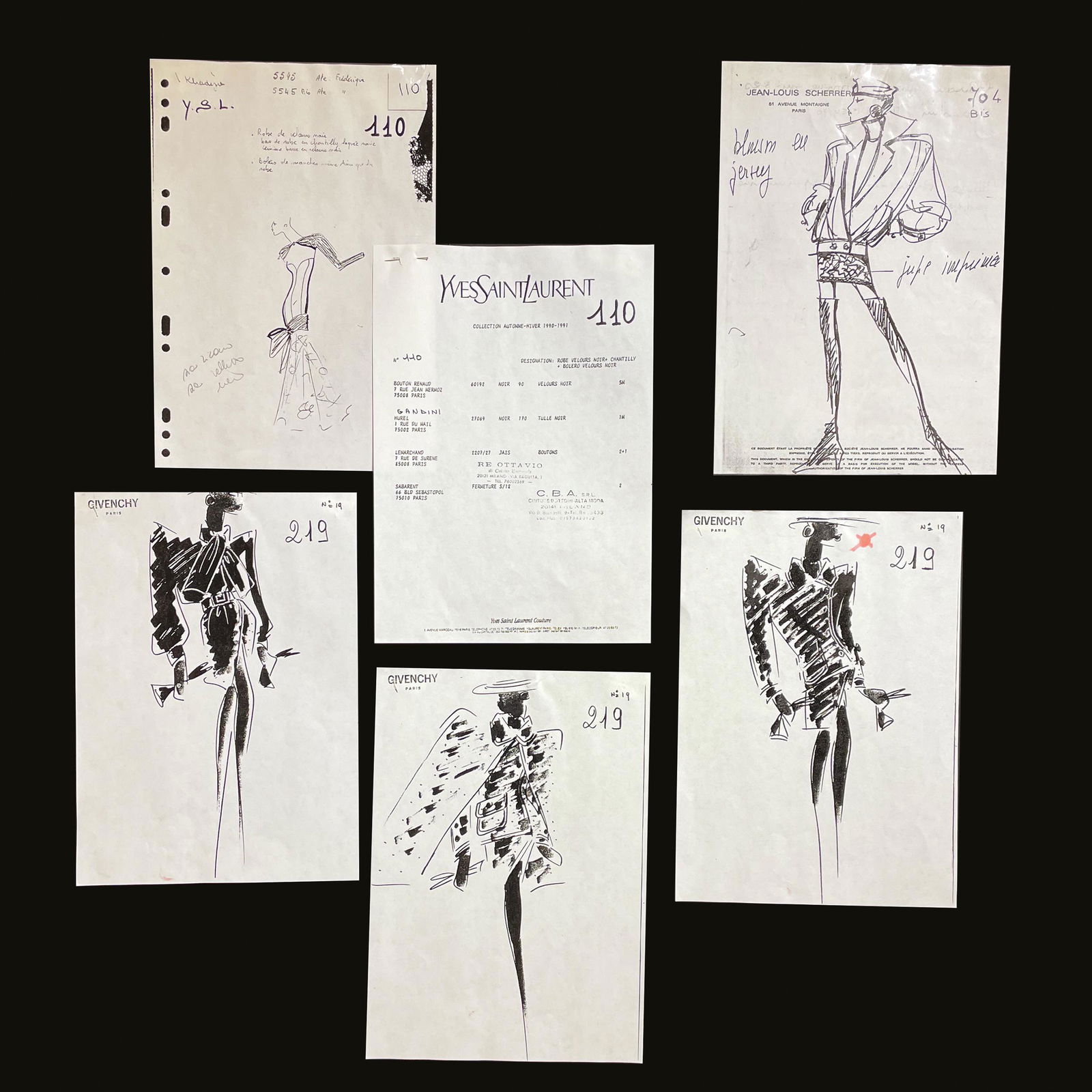 30 pronted plates depicting sketches of dresses: and related technical sheets of the A / W 90/91 collections, divided as follows: Guy Laroche (one model), Givency (4 models), Yves Saint Laurent (5 models), Jean-Louis Scherrer (20 models)