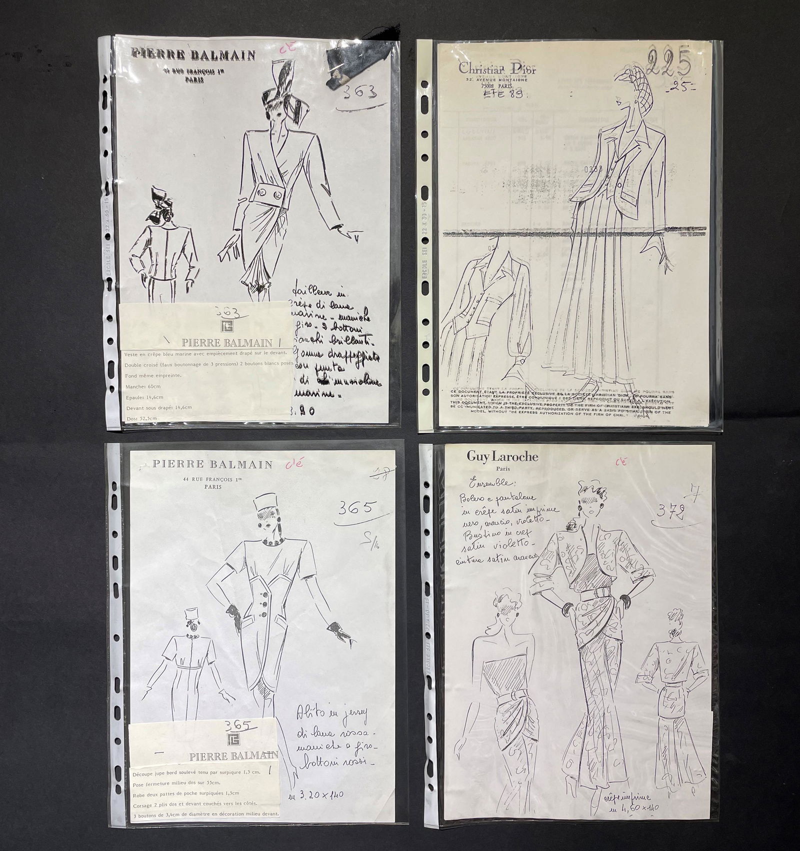 26 printed plates depicting sketches of dresses: some with relative technical sheets, from the S / S 89 collections, divided as follows: Guy Laroche (one model), Philippe Venet (one model), Christian Dior (3 models), Givency (5 models ), Yves Saint