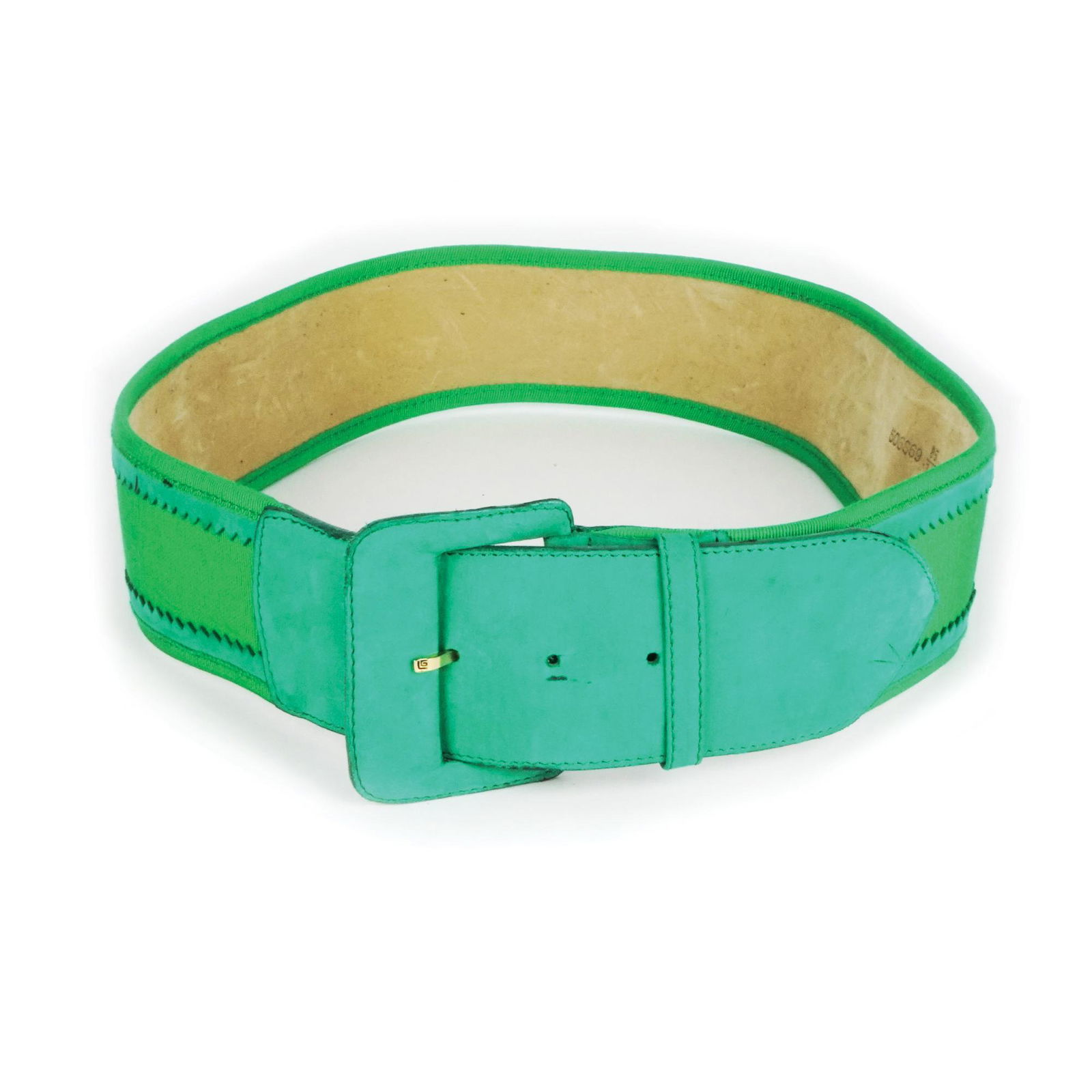 Guy Laroche: a green cotton, leather and suede belt, size 85/34