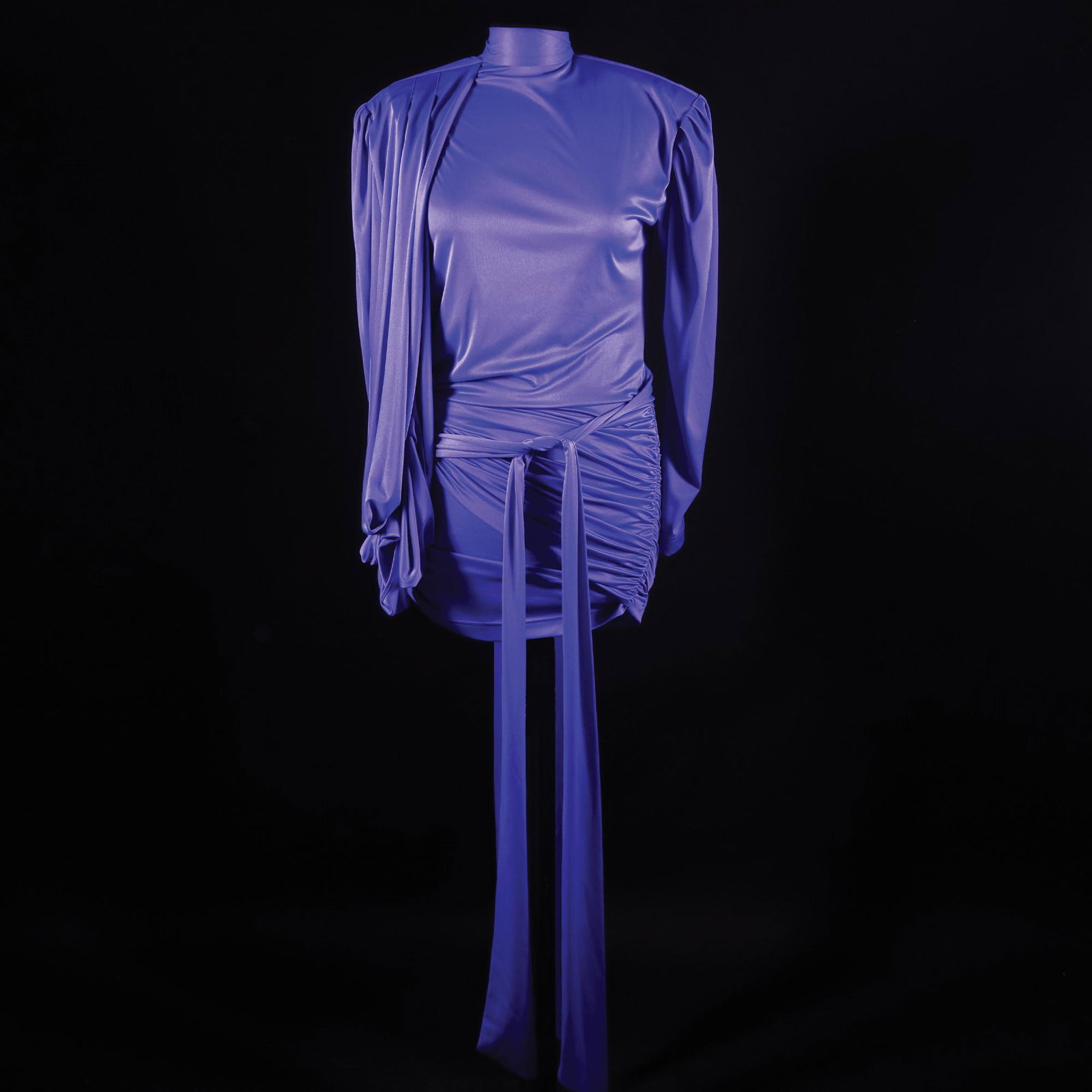 Balenciaga: a purple jersey minidress ith draped waist