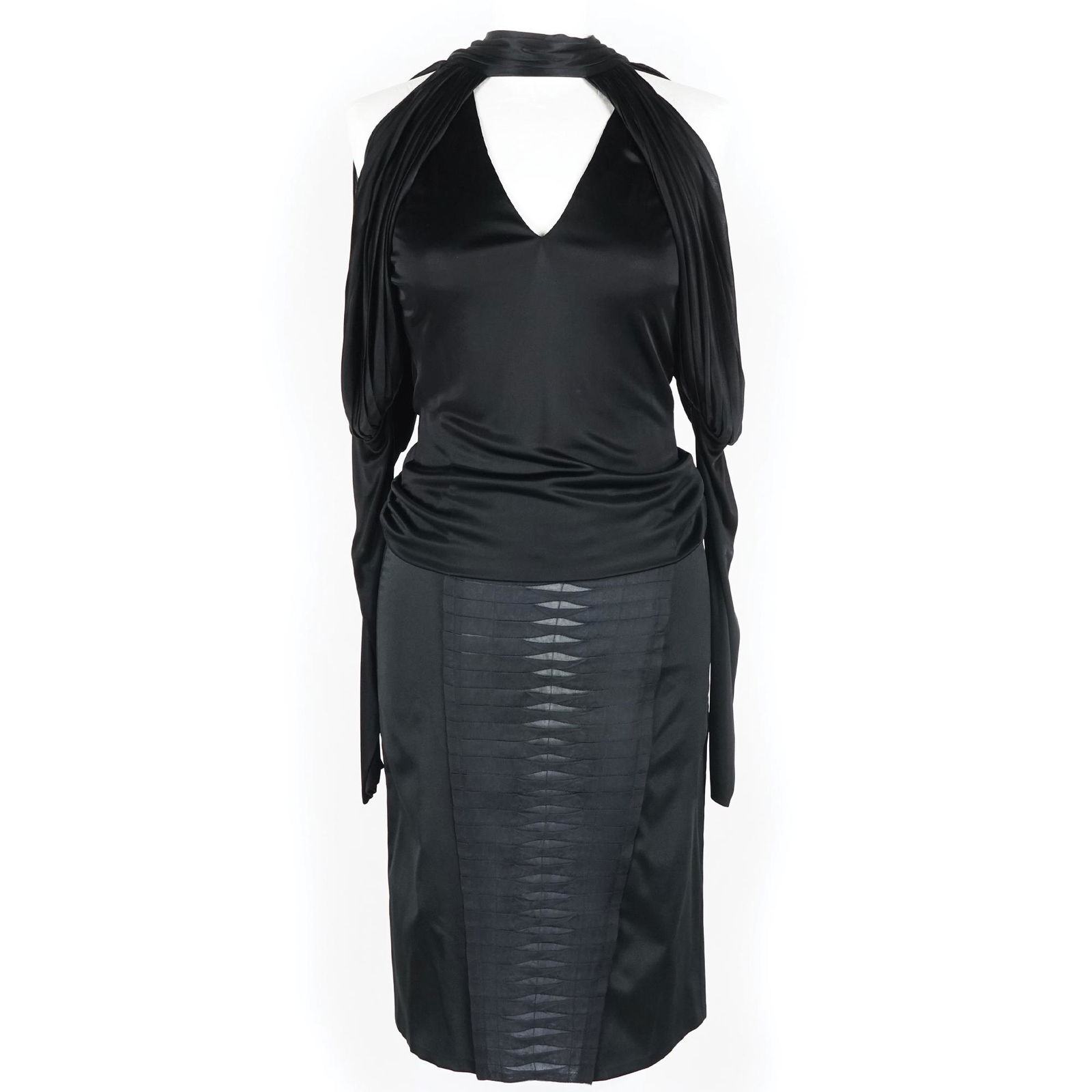 Gucci: a black viscose top with sleeves, size 40 TOGETHER WITH a partly pleated black silk skirt, size 38