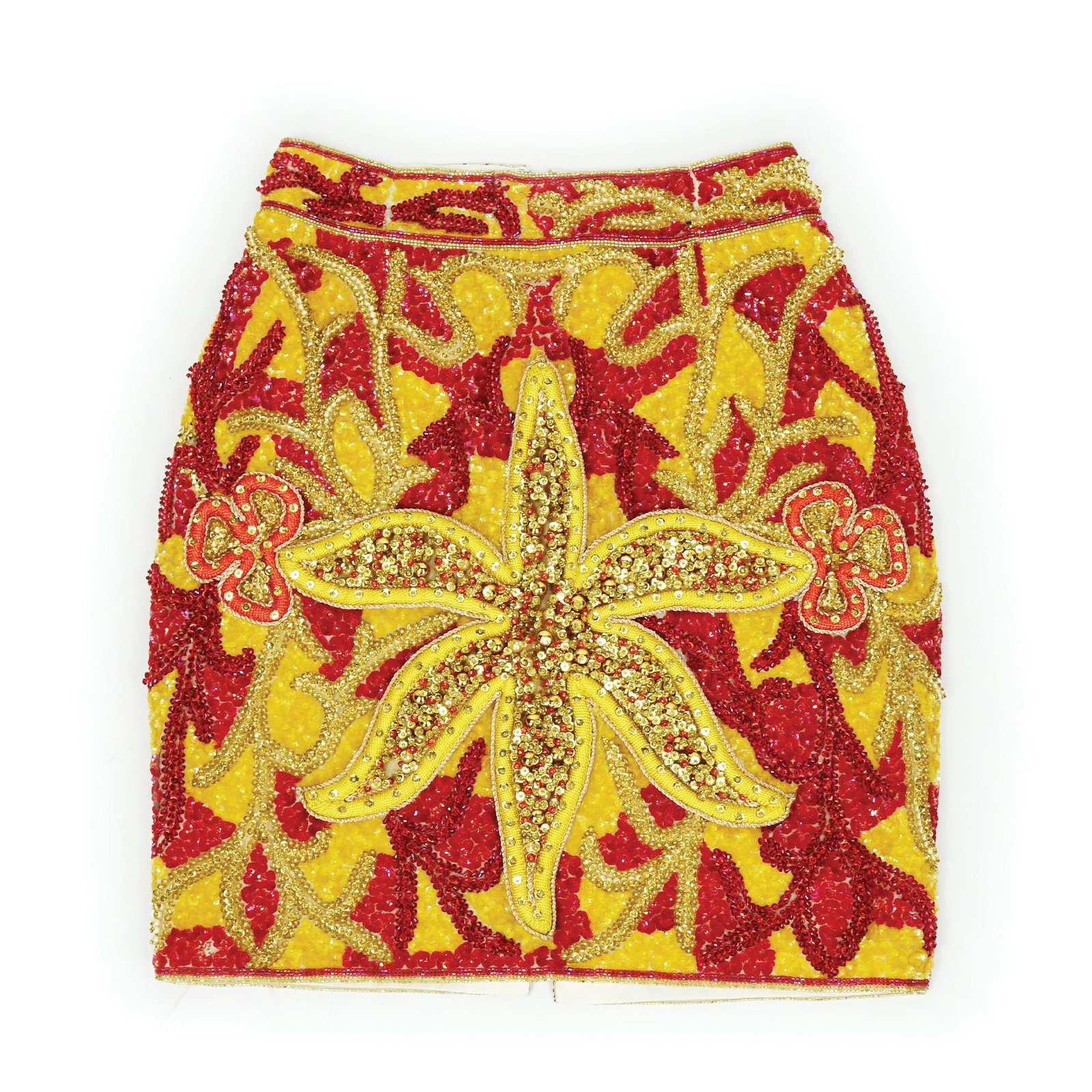 Mariselaine: a yellow and red sequins applications skirt with floral motifs, size 42