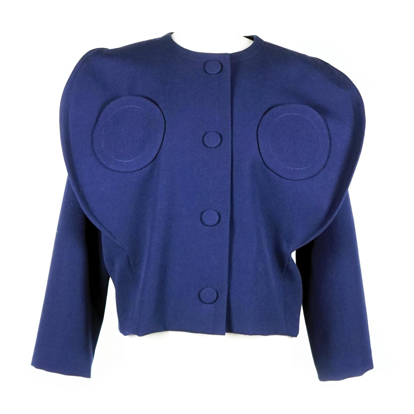 Pierre Cardin: a blue fabric jacket with circular patch pockets