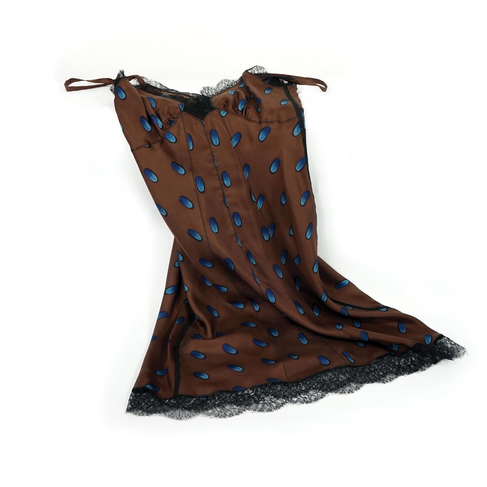 Prada: a silk dress with light blue polka dots and black lace, size I 1