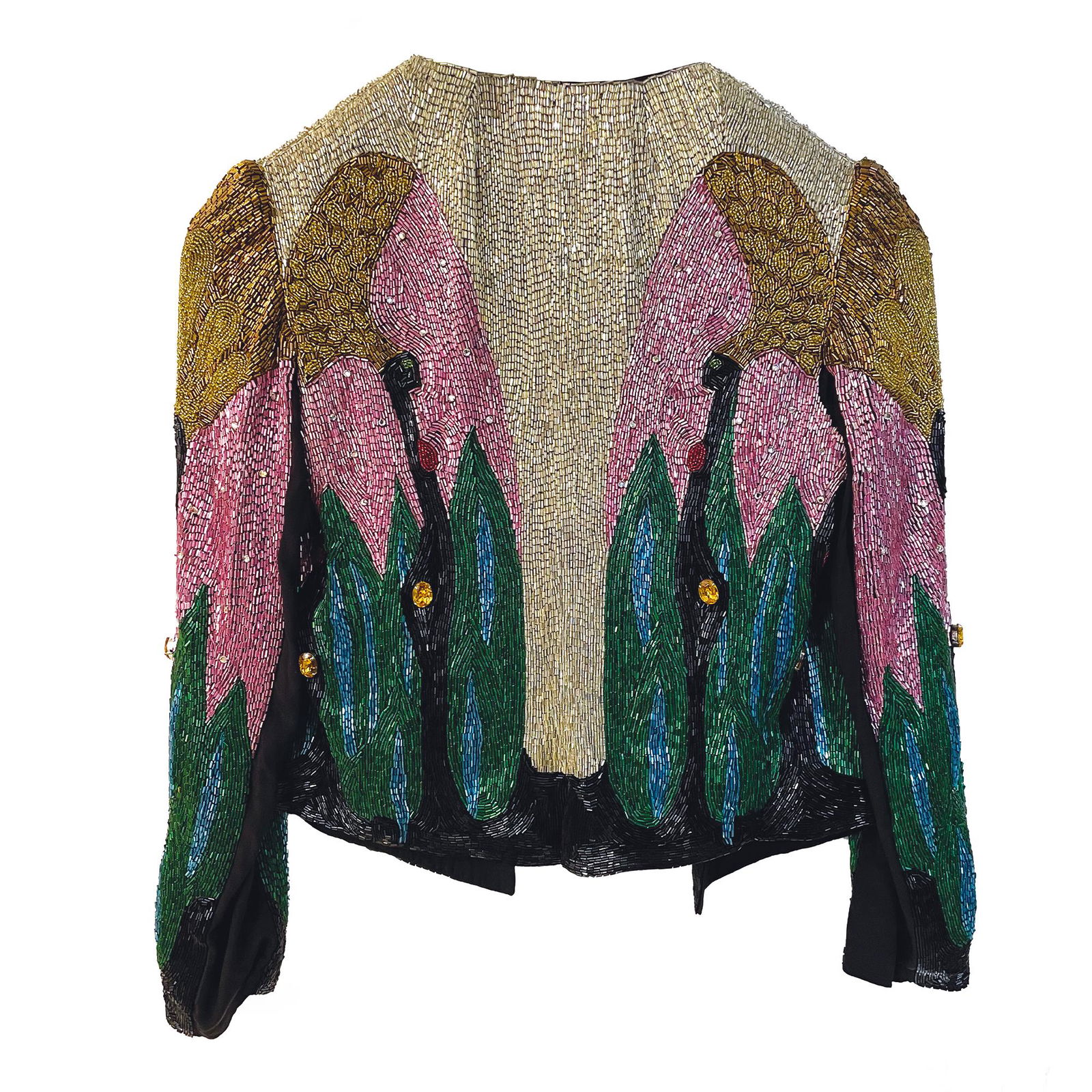 Stephen Burrows: a colored sequins jacket with rhinestones and cabochon faceted citrine glasses