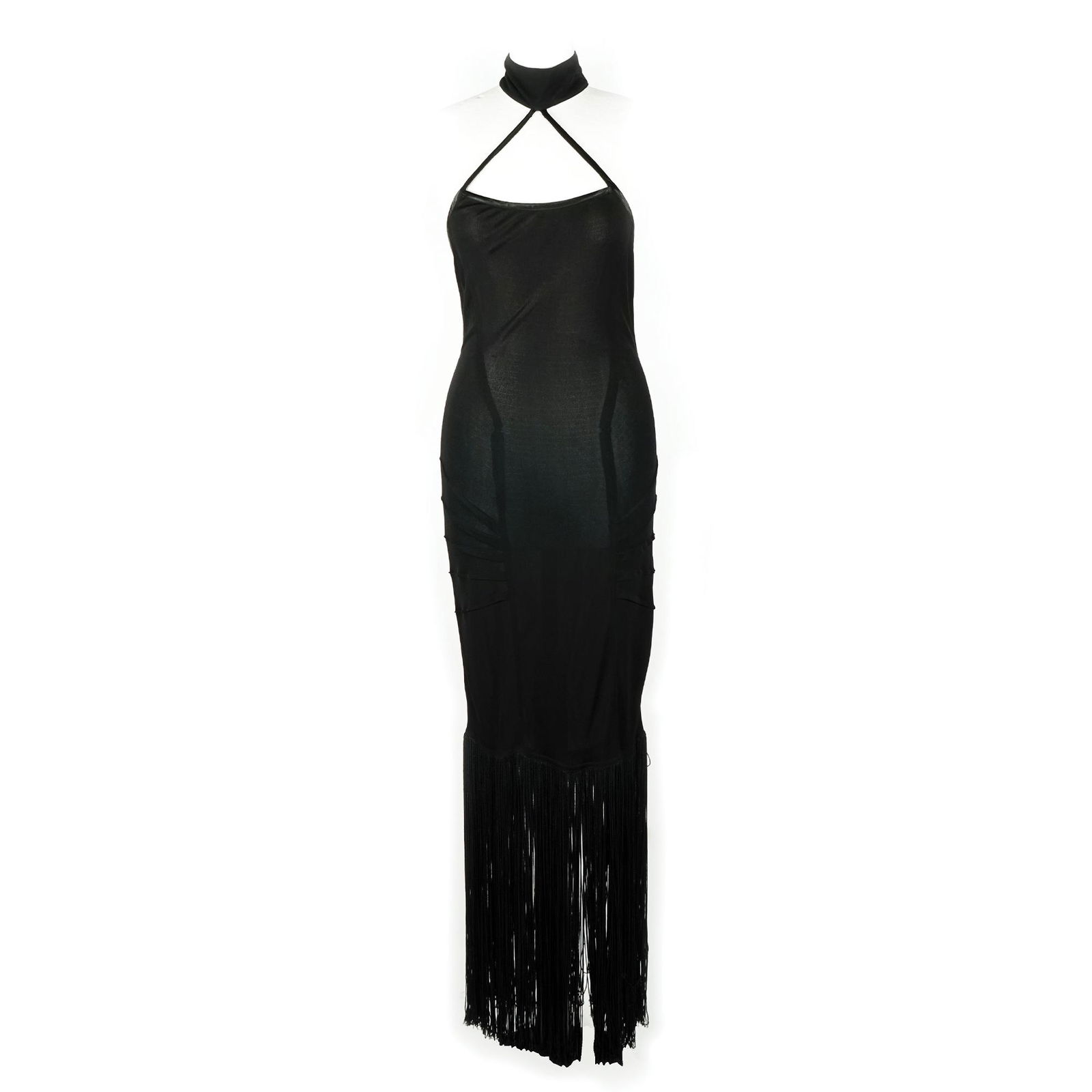 Thierry Mugler: a long sleeveless black silk jersey dress with high fringed edge; strap collar, size 42