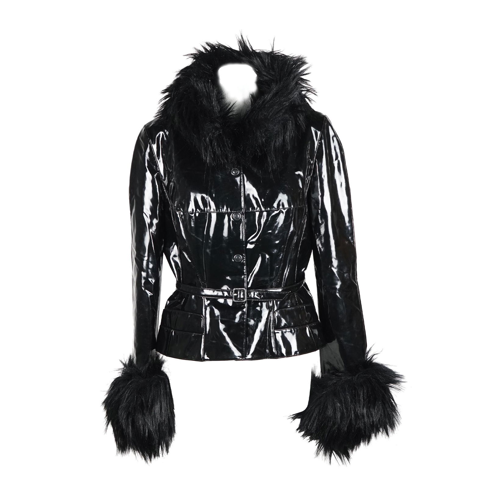 Thierry Mugler: black pvc jacket, with faux fur collar and cuffs. '90s, size 42