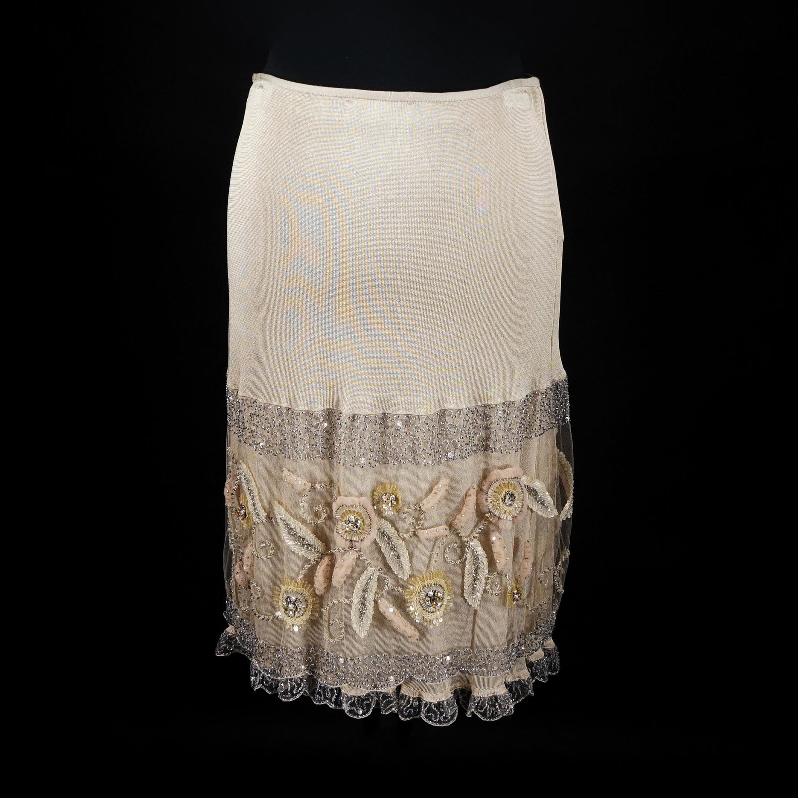 Valentino: a viscose jersey skirt, rhinestones and sequins to form floral motifs in shades of beige, size M (new with tag)